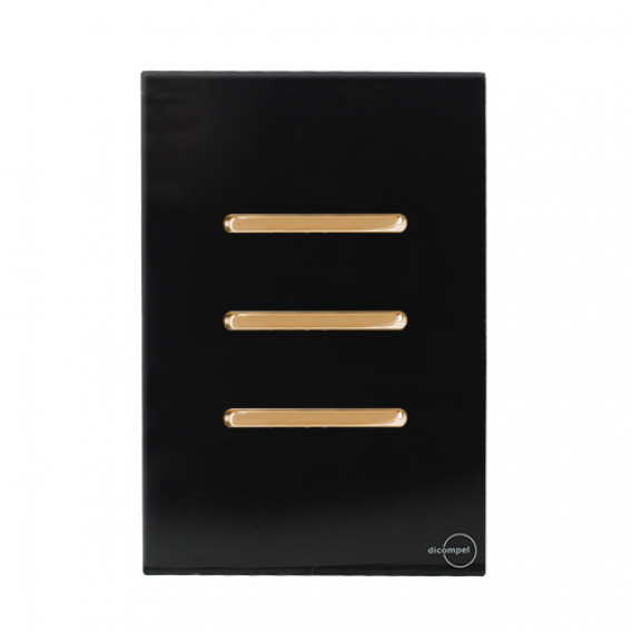 Conjunto Interruptor Triplo Simples 4x2 - Novara Glass Preto Brilhante Gold